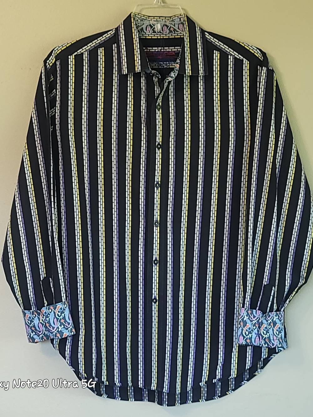 Robert Graham Sondrio Shirt Large L Black Multi Striped Paisley Flip Cuff EUC